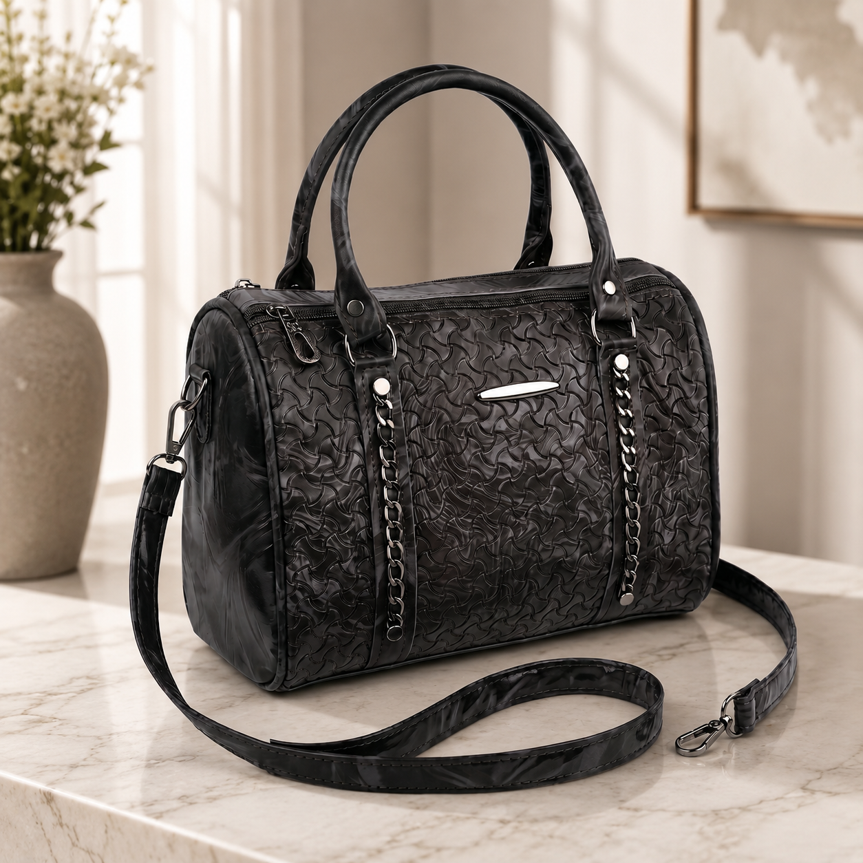 Women's Textured PU Leather Boston Handbag with Detachable Sling Strap | Top Handle Shoulder Satchel Purse for Office, Travel & Daily Use