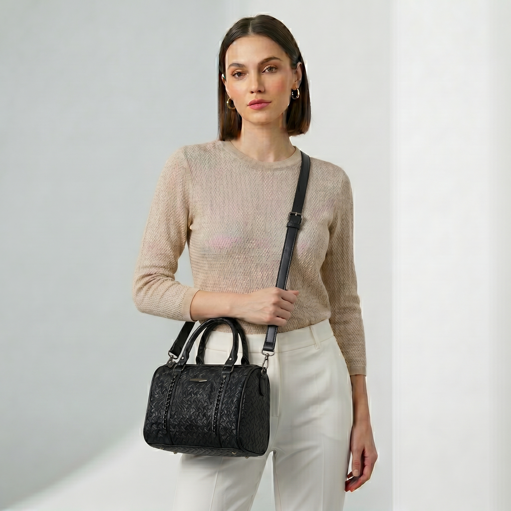 Women's Textured PU Leather Boston Handbag with Detachable Sling Strap | Top Handle Shoulder Satchel Purse for Office, Travel & Daily Use