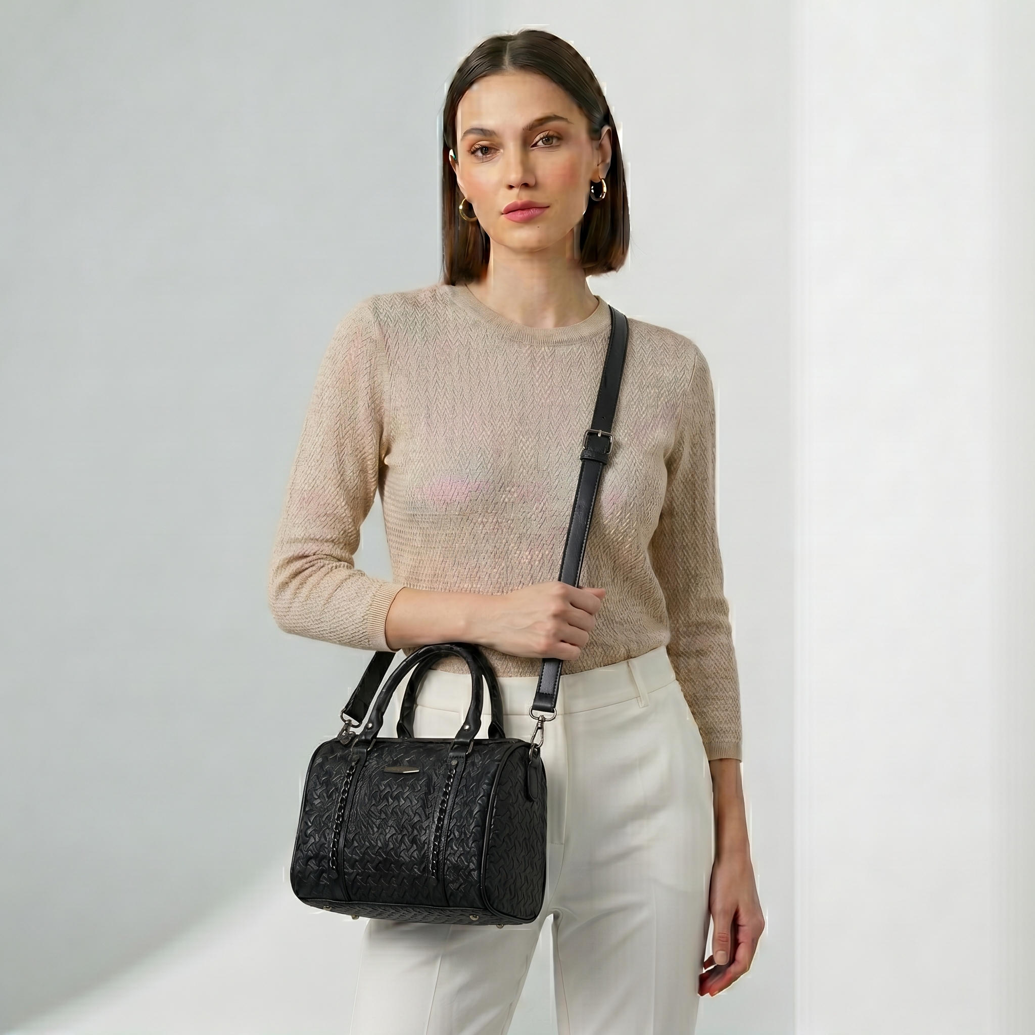 Women's Textured PU Leather Boston Handbag with Detachable Sling Strap | Top Handle Shoulder Satchel Purse for Office, Travel & Daily Use