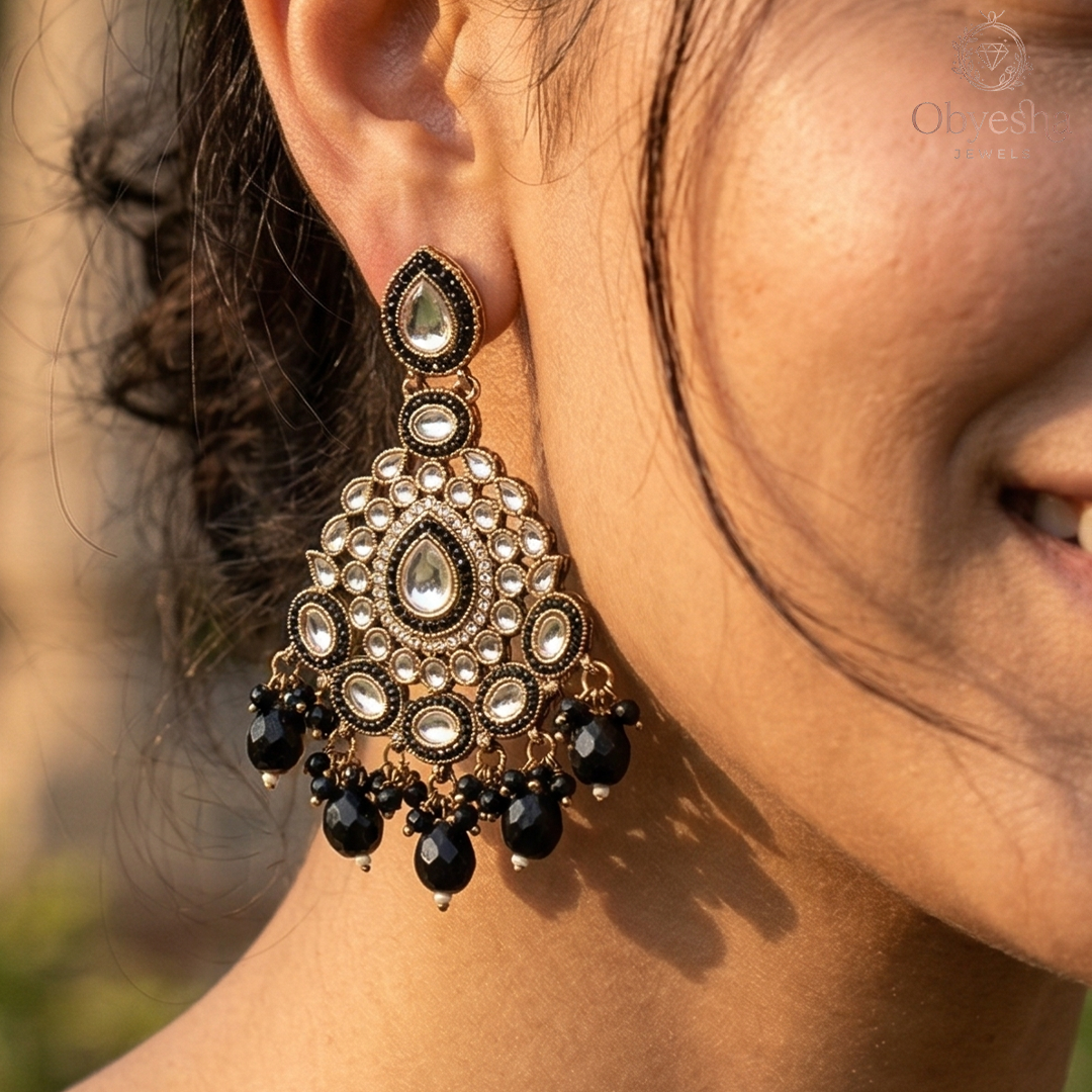 Obyesha Black Kundan Chandbali Earrings for Women | Gold Plated Ethnic Jhumka Earrings with Beads | Traditional Wedding & Party Wear Jewellery