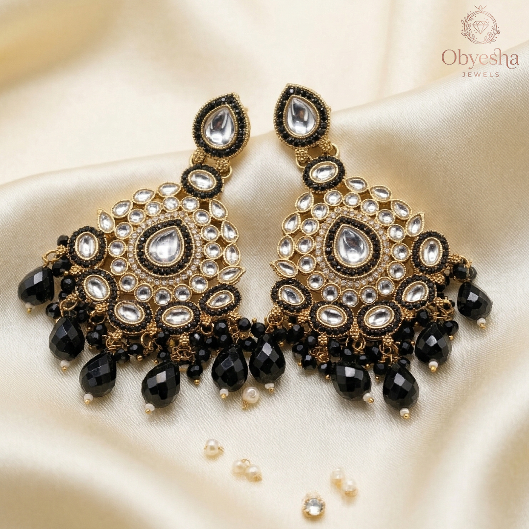 Obyesha Black Kundan Chandbali Earrings for Women | Gold Plated Ethnic Jhumka Earrings with Beads | Traditional Wedding & Party Wear Jewellery