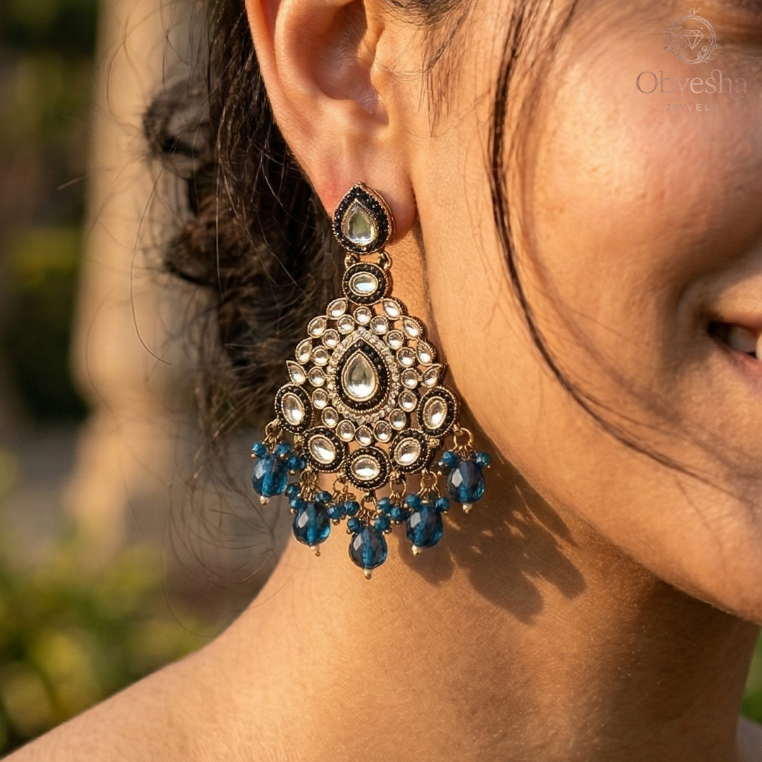 Obyesha Black Kundan Chandbali Earrings for Women | Gold Plated Ethnic Jhumka Earrings with Beads | Traditional Wedding & Party Wear Jewellery