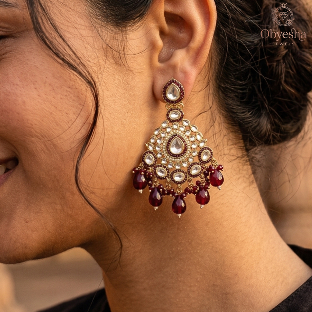 Obyesha Black Kundan Chandbali Earrings for Women | Gold Plated Ethnic Jhumka Earrings with Beads | Traditional Wedding & Party Wear Jewellery