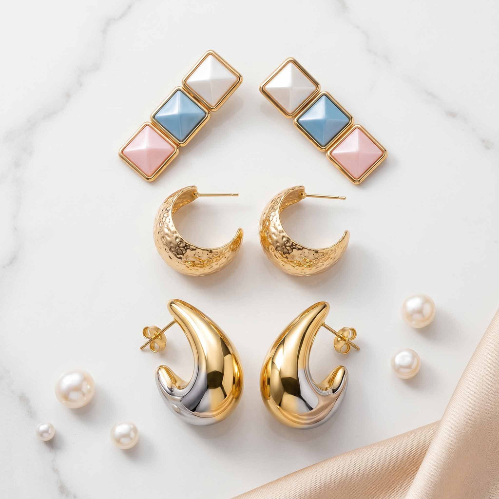 Pack of 3 Modern Geometric Stud & Gold Hoop Earrings Combo for Women | Premium 3 Pair Trendy Designer Earrings Set for Daily Wear