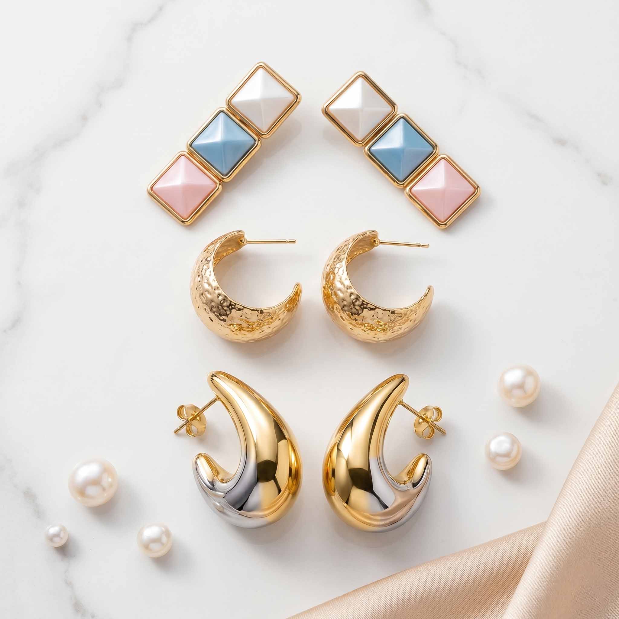 Pack of 3 Modern Geometric Stud & Gold Hoop Earrings Combo for Women | Premium 3 Pair Trendy Designer Earrings Set for Daily Wear
