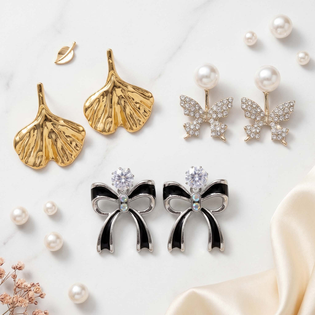 Pack of 3 Luxury Butterfly Pearl & Bow Statement Earrings Combo for Women | Premium 3 Pair Designer Party Wear Earrings Set