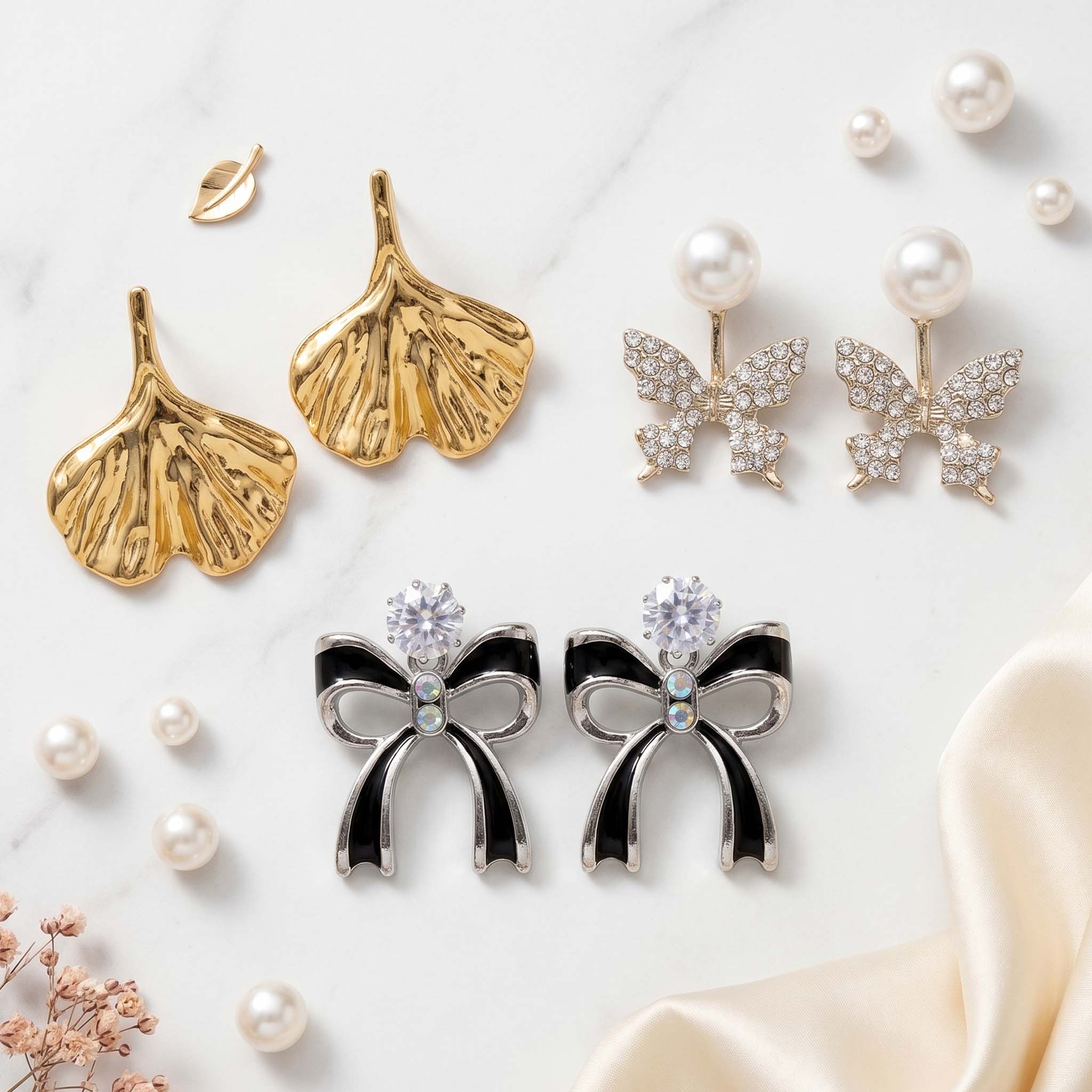 Pack of 3 Luxury Butterfly Pearl & Bow Statement Earrings Combo for Women | Premium 3 Pair Designer Party Wear Earrings Set