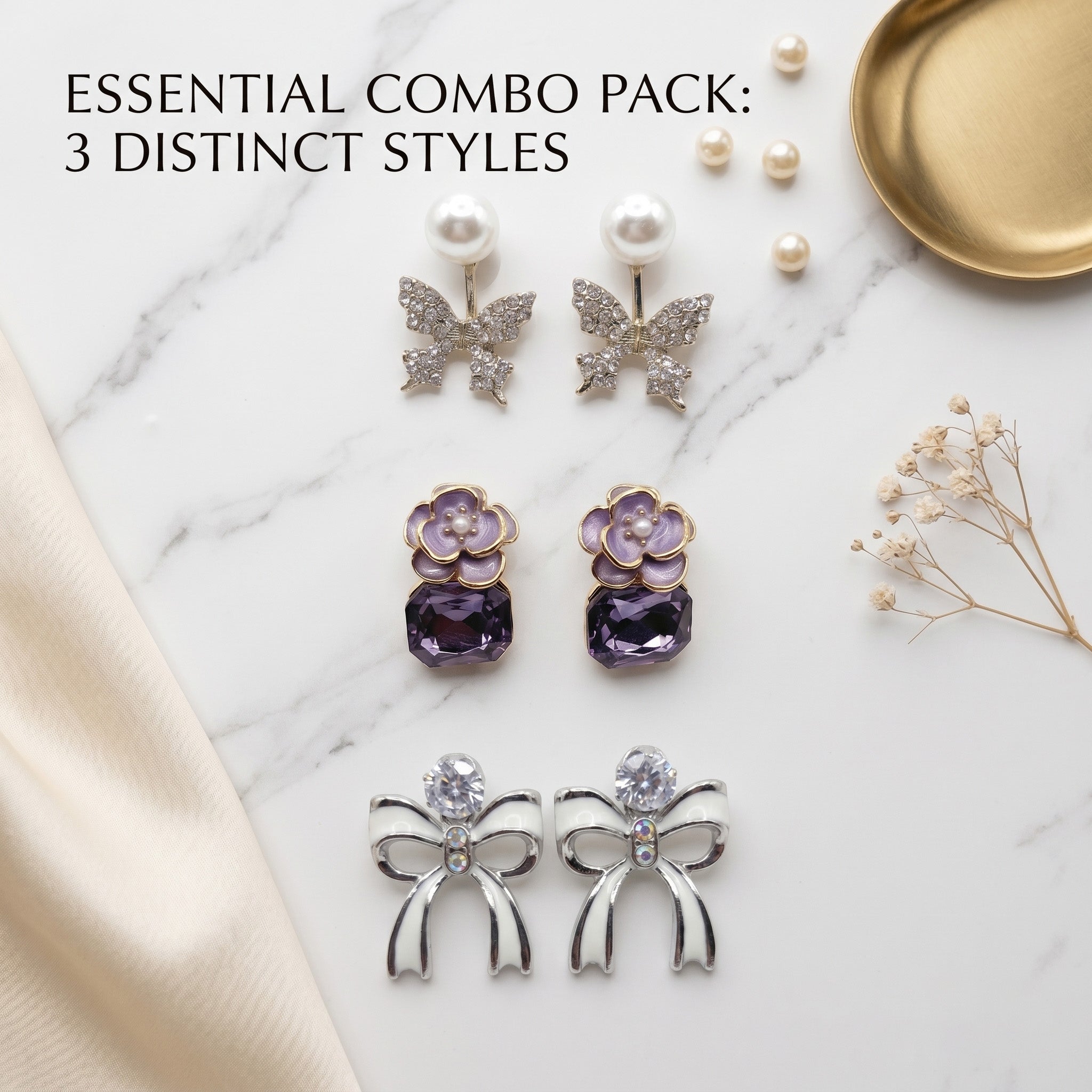 Pack of 3 Premium Butterfly Pearl & Floral Crystal Earrings Combo for Women | 3 Pair Designer Party Wear Stud Earrings Set