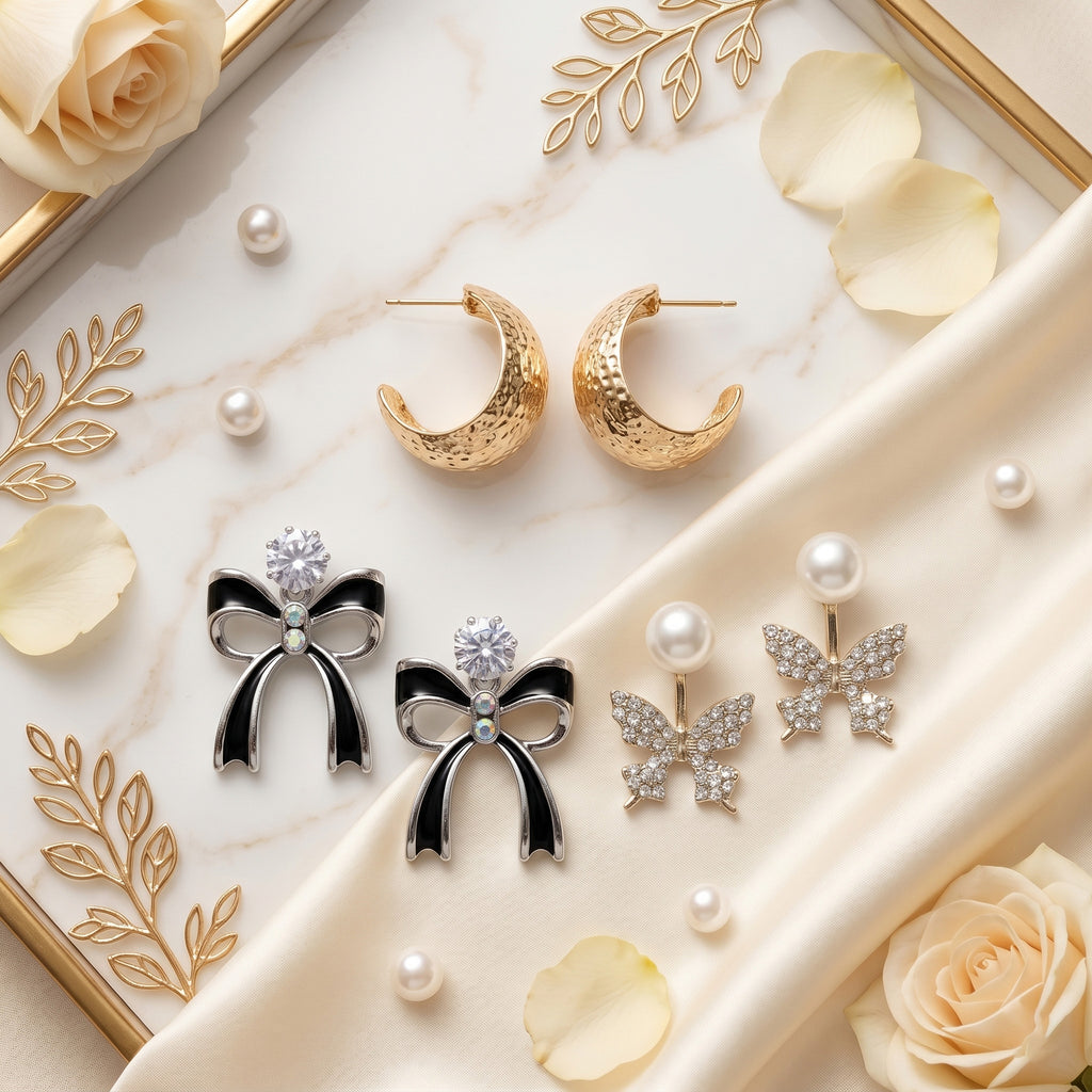 Pack of 3 Luxury Gold Hoop, Crystal Bow & Pearl Butterfly Earrings Combo for Women | Premium 3 Pair Designer Party Wear Earrings Set