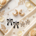 Pack of 3 Luxury Gold Hoop, Crystal Bow & Pearl Butterfly Earrings Combo for Women | Premium 3 Pair Designer Party Wear Earrings Set