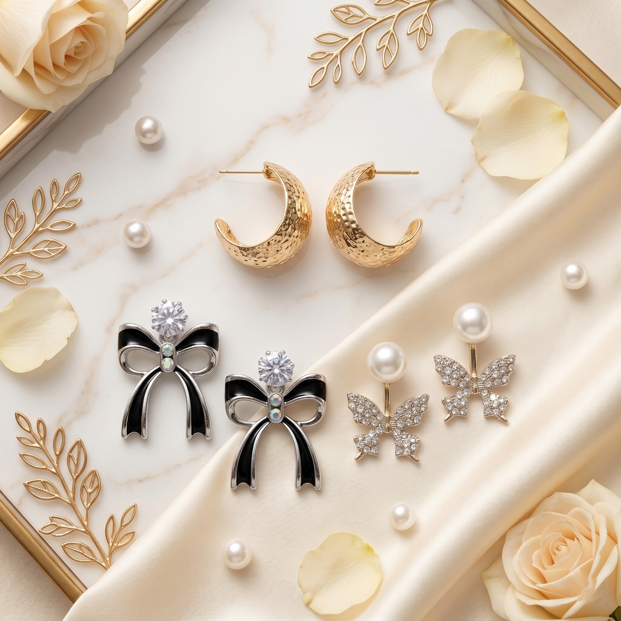 Pack of 3 Luxury Gold Hoop, Crystal Bow & Pearl Butterfly Earrings Combo for Women | Premium 3 Pair Designer Party Wear Earrings Set