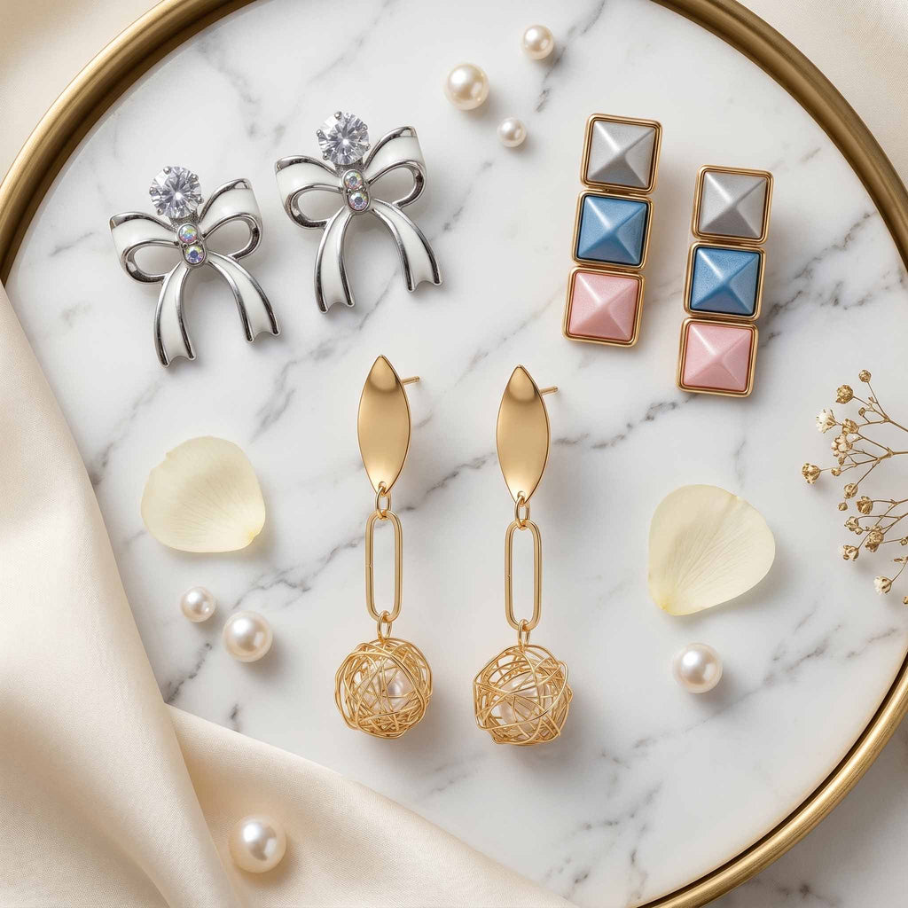 Pack of 3 Designer Earring Combo Set for Women | Bow Crystal Studs, Pastel Geometric Earrings & Gold Drop Danglers | Modern Fashion Jewellery Collection