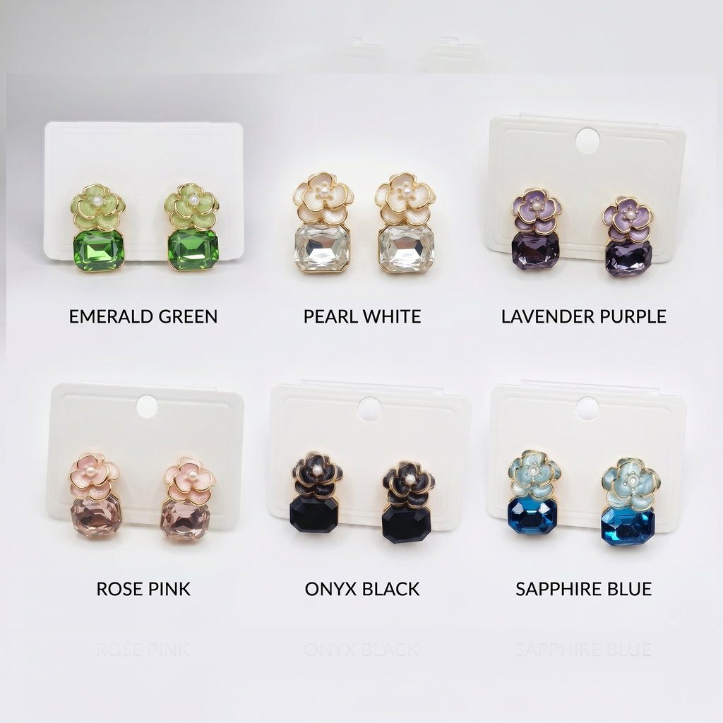 Pack of 6 Floral Crystal Stud Earrings for Women | Multicolor Gemstone Earrings (Emerald, Pearl, Lavender, Pink, Black, Blue) | Elegant Daily Wear Jewellery