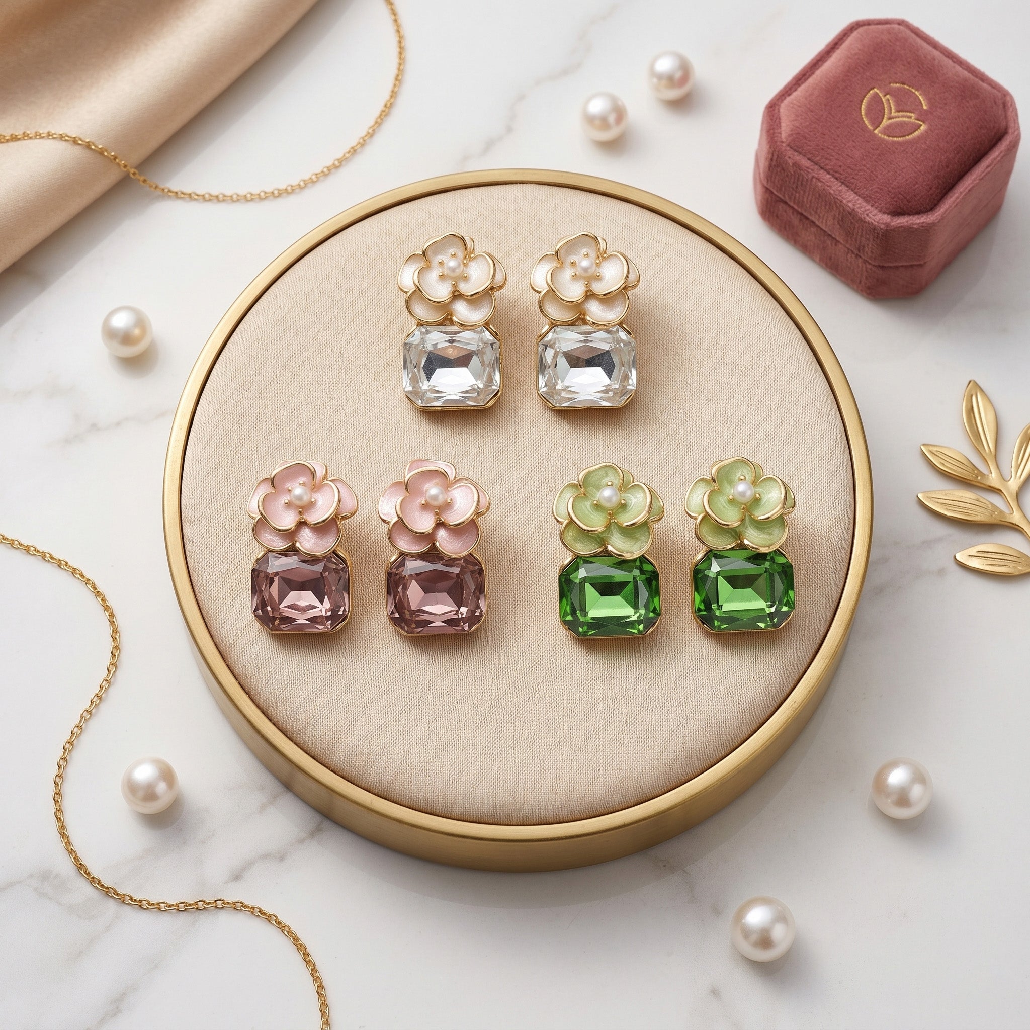 Pack of 3 Floral Crystal Stone Earrings Combo for Women | Pearl White, Rose Pink & Emerald Green Designer Stud Earrings Set | Trendy Party Wear Earrings Pack