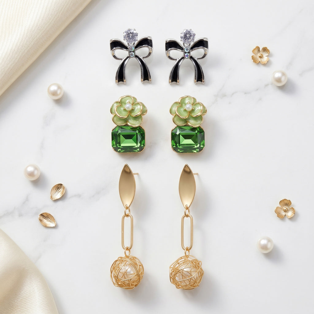 Pack of 3 Designer Earrings Combo for Women | Black Bow, Emerald Floral & Gold Dangle Earrings Set | Premium 3 Pair Party Wear Earrings Combo