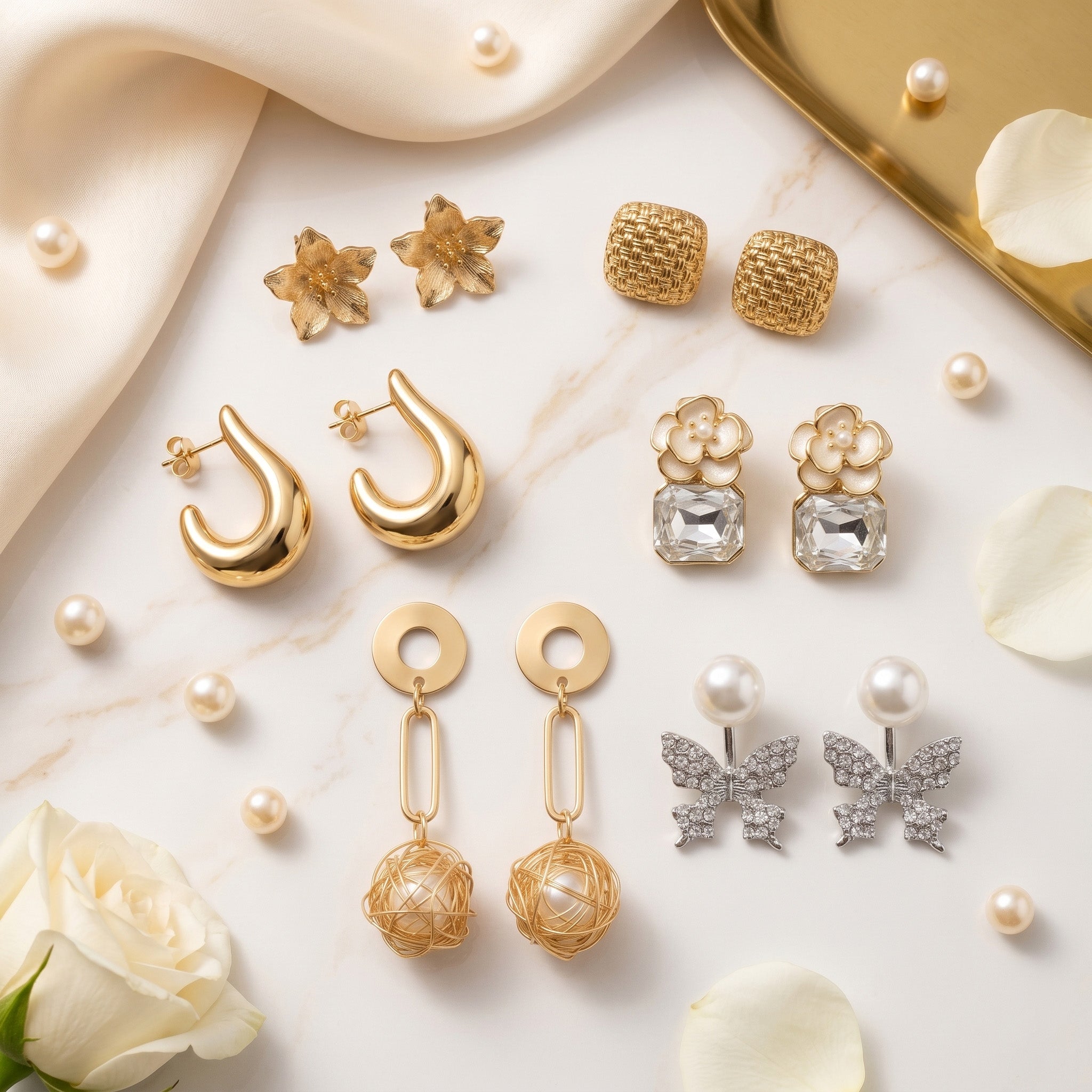 Premium 6 Pair Earrings Combo for Women | Gold Hoop, Crystal Floral, Butterfly Pearl & Designer Stud Earrings Set | Trendy Party Wear Jewelry Pack