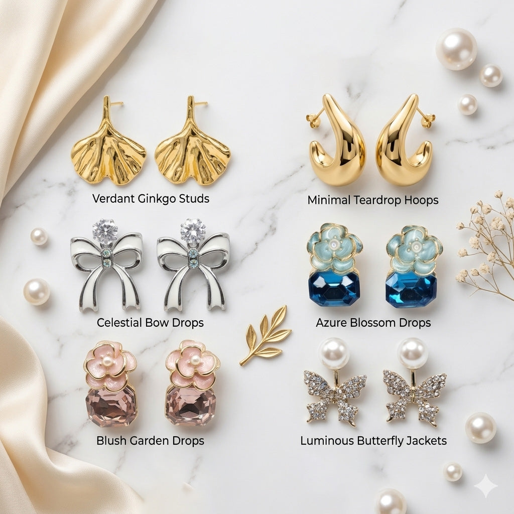 Premium 6 Pair Designer Earrings Combo for Women | Gold Ginkgo, Teardrop Hoops, Bow, Floral Crystal & Butterfly Pearl Earrings Set