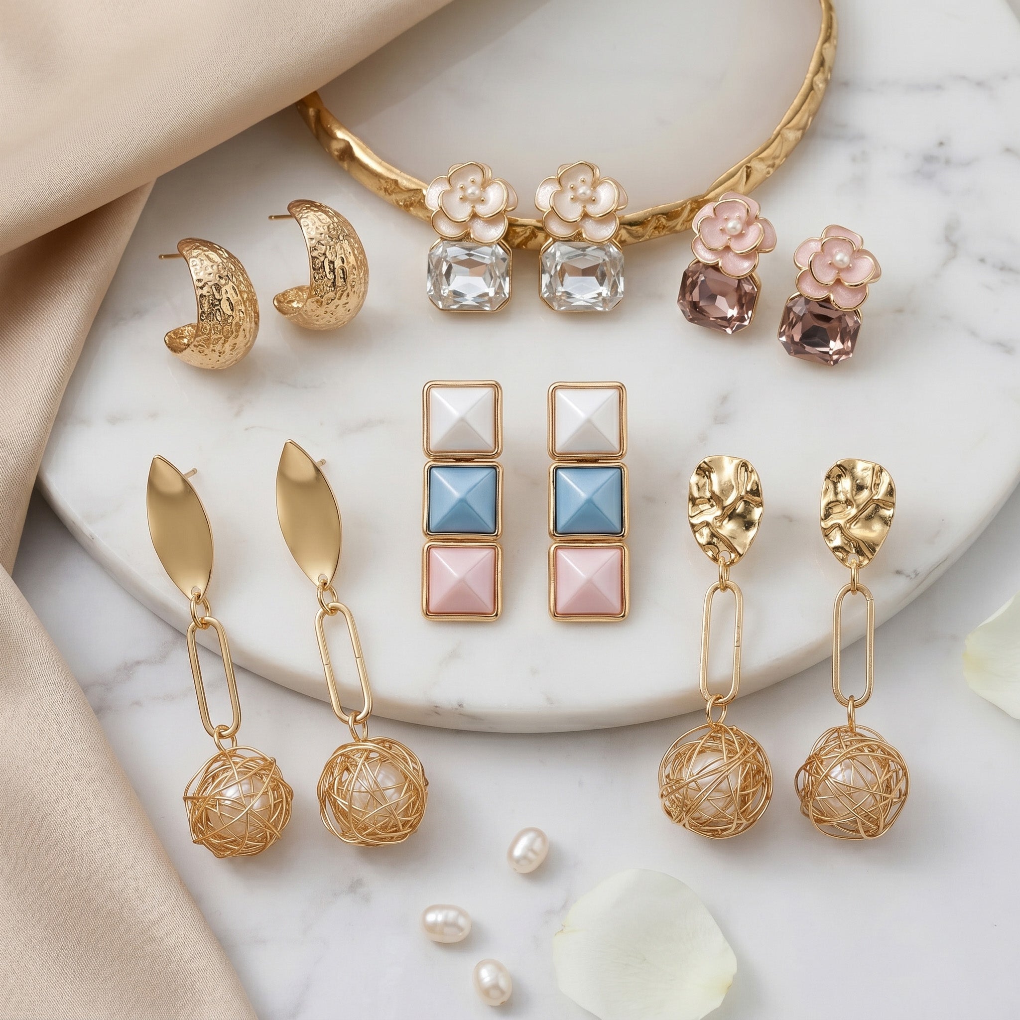 Premium 6 Pair Earrings Combo for Women | Gold Hoops, Crystal Floral, Geometric Studs & Pearl Drop Designer Earrings Set