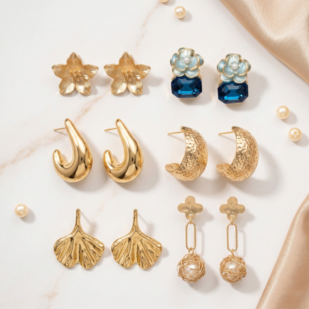 Premium 6 Pair Gold Earrings Combo for Women | Floral Studs, Blue Crystal Drops, Teardrop Hoops & Pearl Dangle Designer Earrings Set