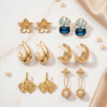Premium 6 Pair Gold Earrings Combo for Women | Floral Studs, Blue Crystal Drops, Teardrop Hoops & Pearl Dangle Designer Earrings Set