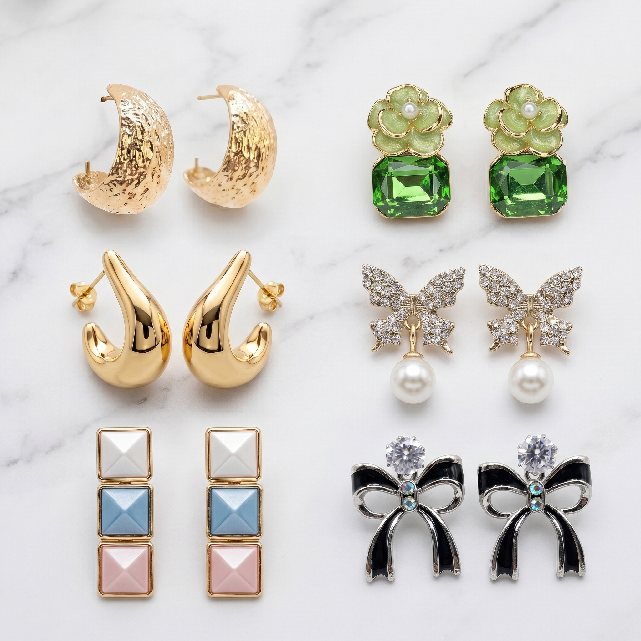 Pair of 6 Trendy Earring Combo Set for Women | Gold Hoops, Butterfly Pearl Earrings, Floral Green Studs & Statement Earrings | Stylish Jewellery Pack