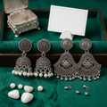 Pair of 2 Oxidized Silver Earring Combo for Women | Jhumka with Pearl Drops & Tribal Statement Dangle Earrings | Boho Ethnic Jewellery Set