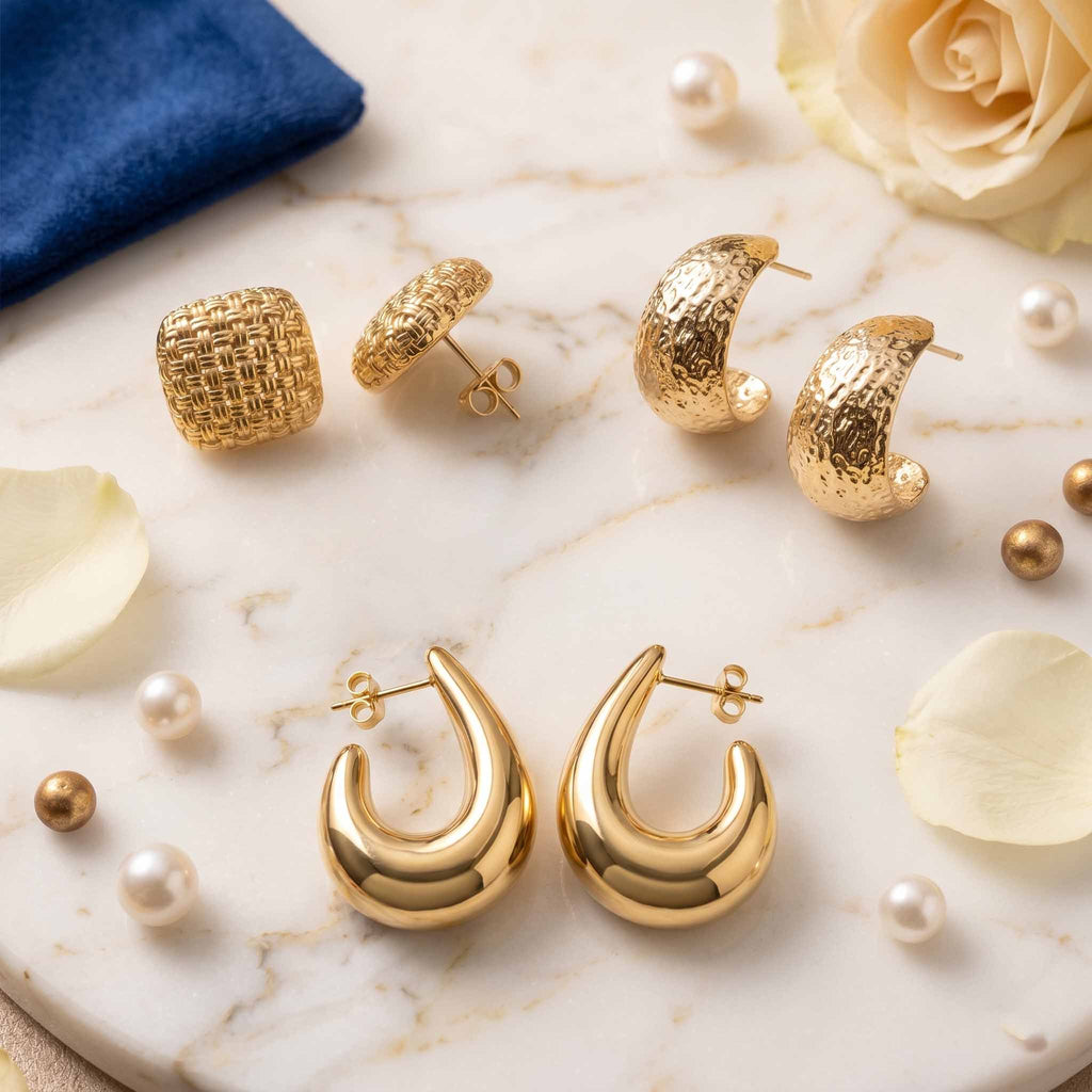 Pack of 3 Luxury Gold Earring Combo Set for Women | Textured Studs, Hammered Hoop Earrings & Glossy Statement Drops | Modern Party Wear Jewellery