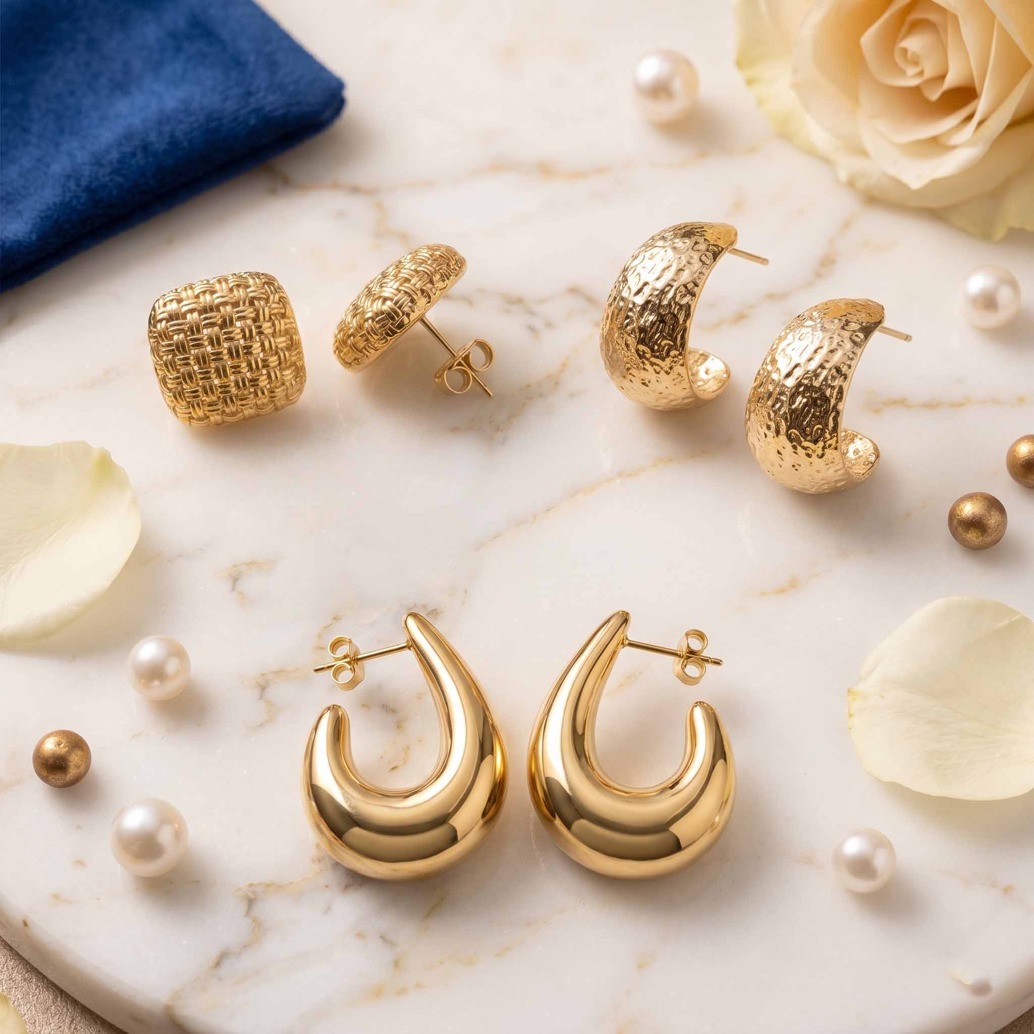 Pack of 3 Luxury Gold Earring Combo Set for Women | Textured Studs, Hammered Hoop Earrings & Glossy Statement Drops | Modern Party Wear Jewellery