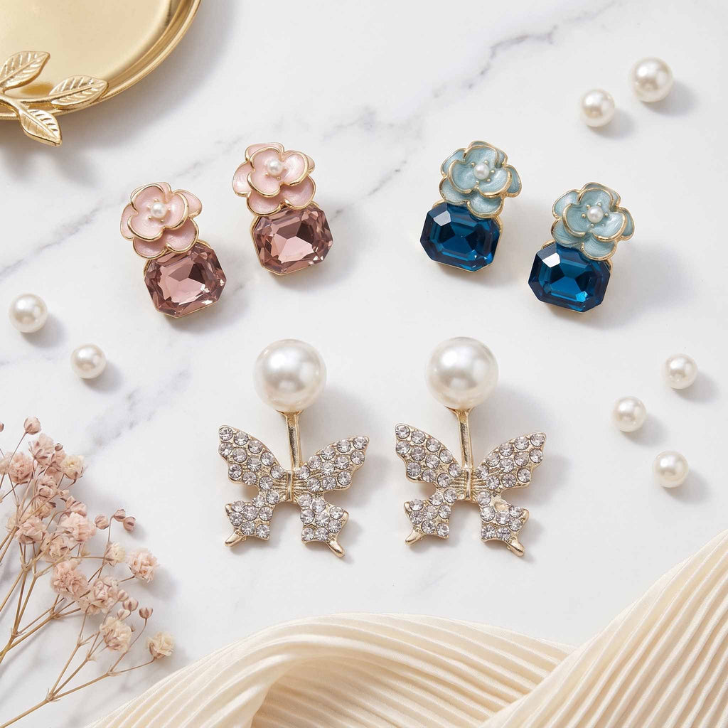 Pack of 3 Elegant Floral Crystal & Butterfly Pearl Earrings Combo for Women | Pink Blue Stone Studs with Designer Party Wear Earrings Set