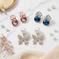 Pack of 3 Elegant Floral Crystal & Butterfly Pearl Earrings Combo for Women | Pink Blue Stone Studs with Designer Party Wear Earrings Set