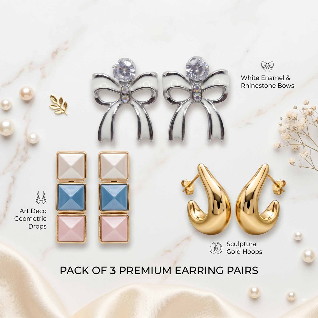 Pack of 3 Luxury Bow Knot & Geometric Gold Earrings Combo for Women | Premium 3 Pair Designer Studs and Sculptural Hoop Earrings Set