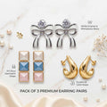 Pack of 3 Luxury Bow Knot & Geometric Gold Earrings Combo for Women | Premium 3 Pair Designer Studs and Sculptural Hoop Earrings Set