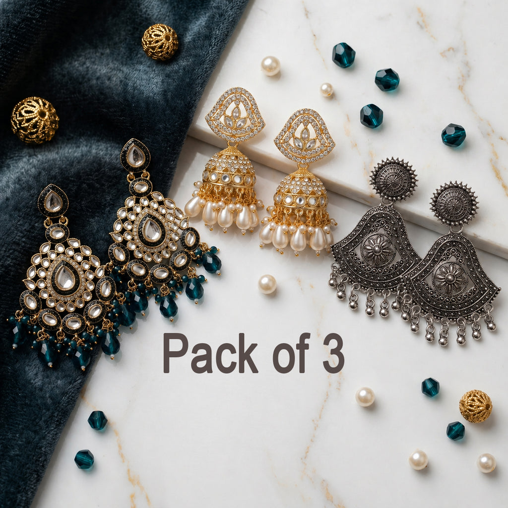Pack of 3 Royal Ethnic Jhumka & Oxidised Statement Earrings Combo for Women | Premium 3 Pair Designer Festive Earrings Set
