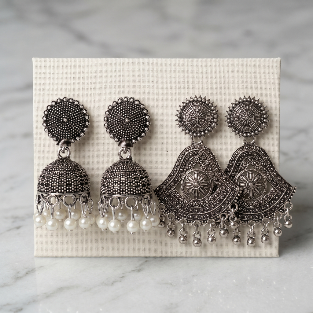 Pair of 2 Oxidized Silver Earring Combo for Women | Jhumka with Pearl Drops & Tribal Statement Dangle Earrings | Boho Ethnic Jewellery Set