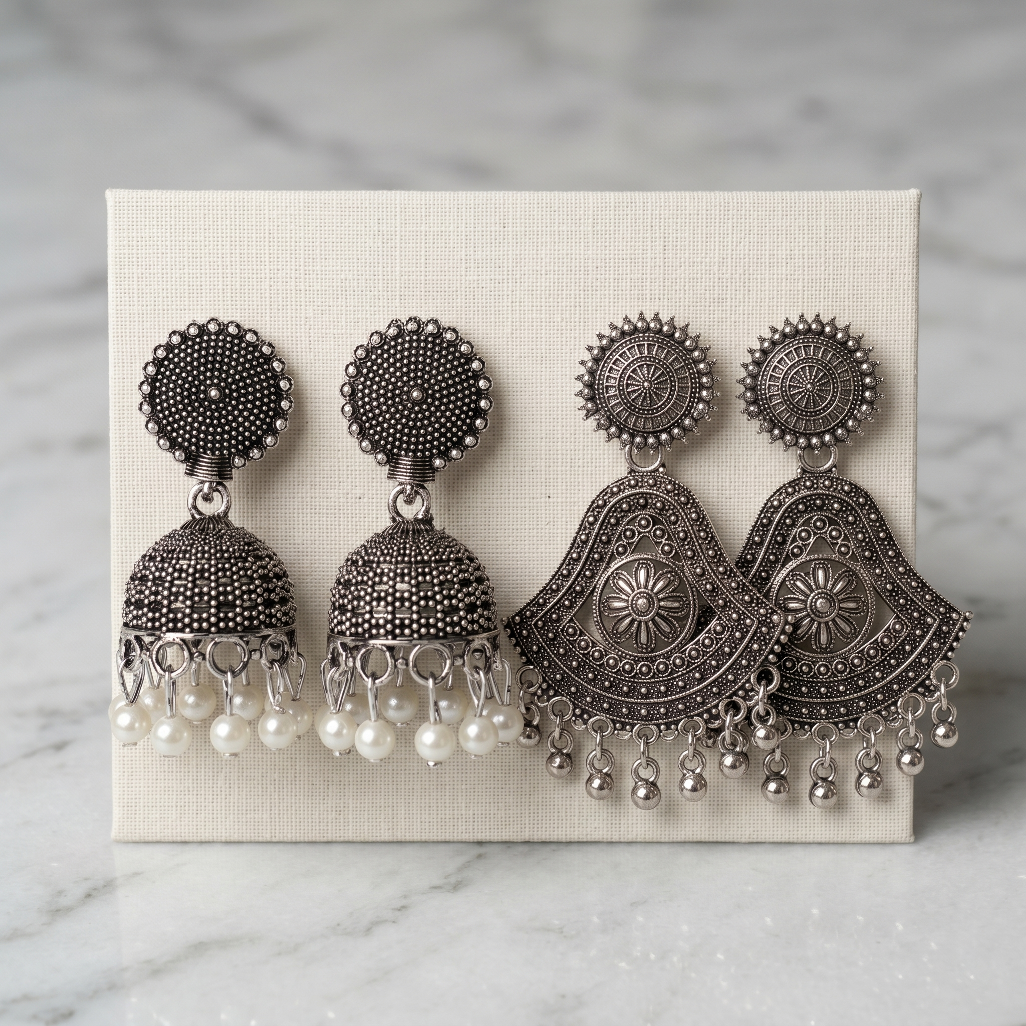 Pair of 2 Oxidized Silver Earring Combo for Women | Jhumka with Pearl Drops & Tribal Statement Dangle Earrings | Boho Ethnic Jewellery Set