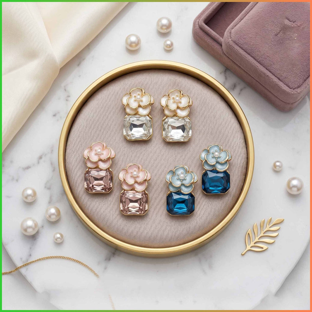 Pack of 3 Floral Crystal Stud Earring Combo for Women | Elegant Pearl Flower Earrings with Gemstone Drops | Stylish Party & Daily Wear Jewellery Set