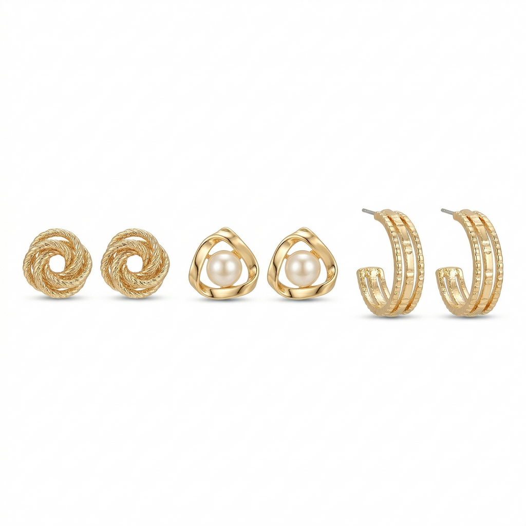 Gold Plated Earring Combo Set for Women | Pearl Studs, Hoop Earrings & Knot Studs | Trendy Daily Wear Jewellery Set (Pack of 3)