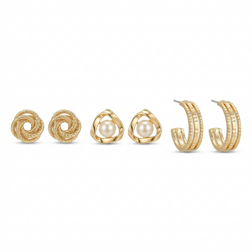 Gold Plated Earring Combo Set for Women | Pearl Studs, Hoop Earrings & Knot Studs | Trendy Daily Wear Jewellery Set (Pack of 3)