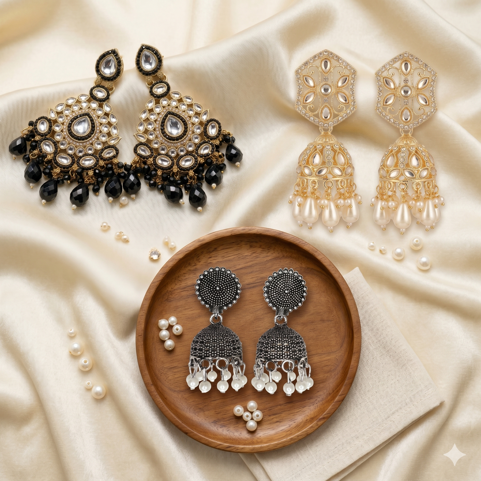 Pack of 3 Ethnic Earring Combo Set for Women | Kundan Chandbali, Pearl Jhumka & Oxidized Jhumki | Traditional Wedding Jewellery Pack