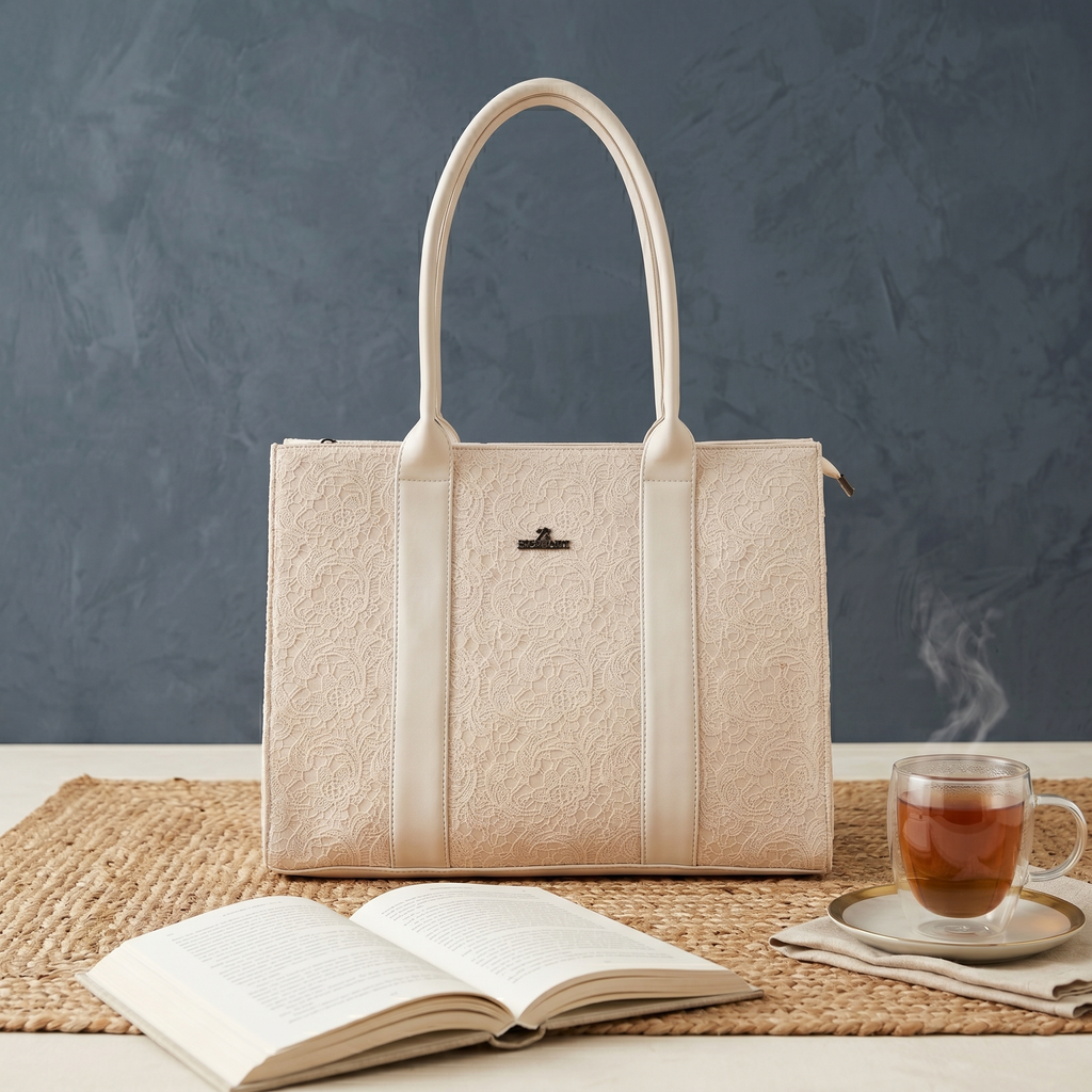 Obyesha Women's Premium Lace Tote Handbag with Detachable Sling Strap – Large Office Shoulder Bag (Cream)