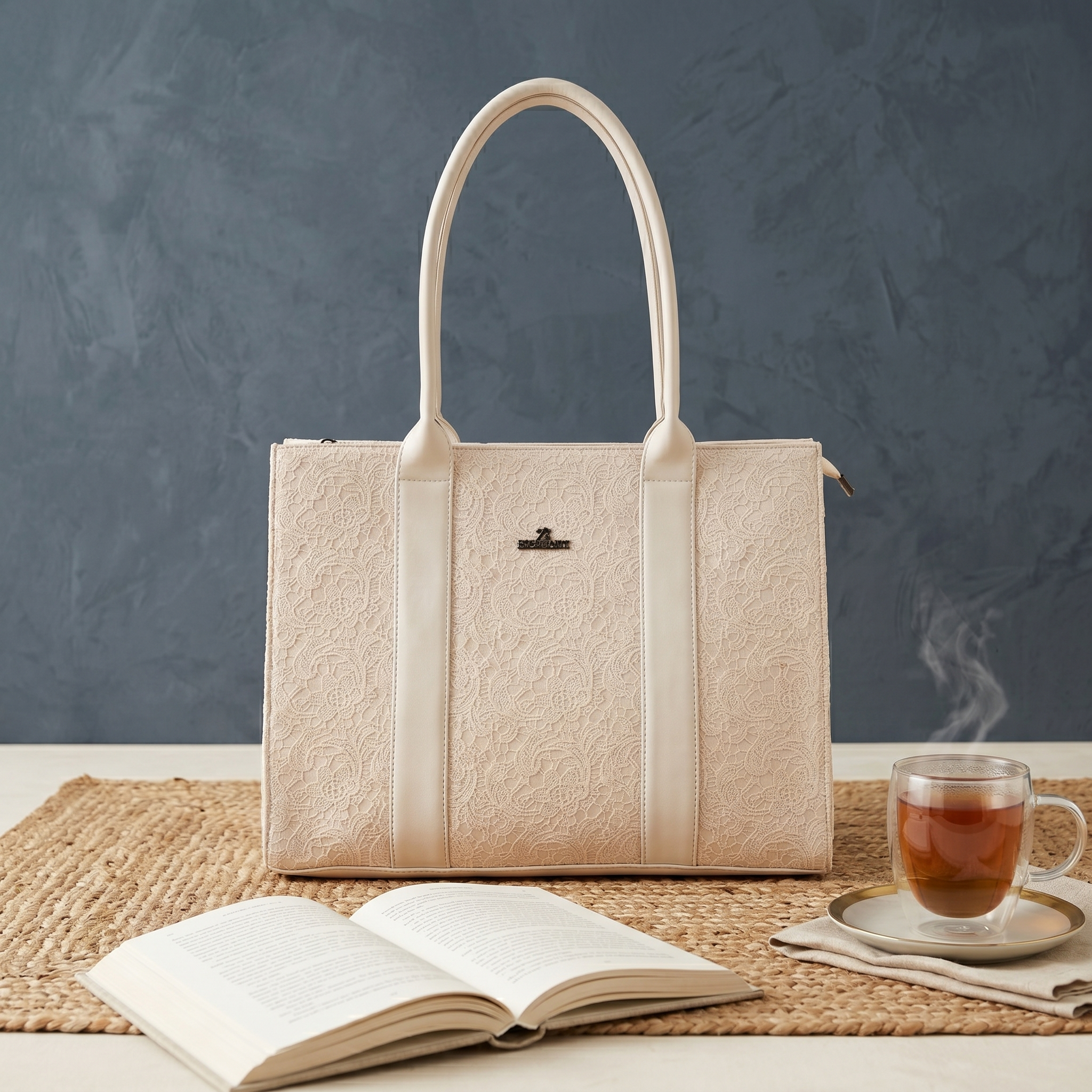 Obyesha Women's Premium Lace Tote Handbag with Detachable Sling Strap – Large Office Shoulder Bag (Cream)
