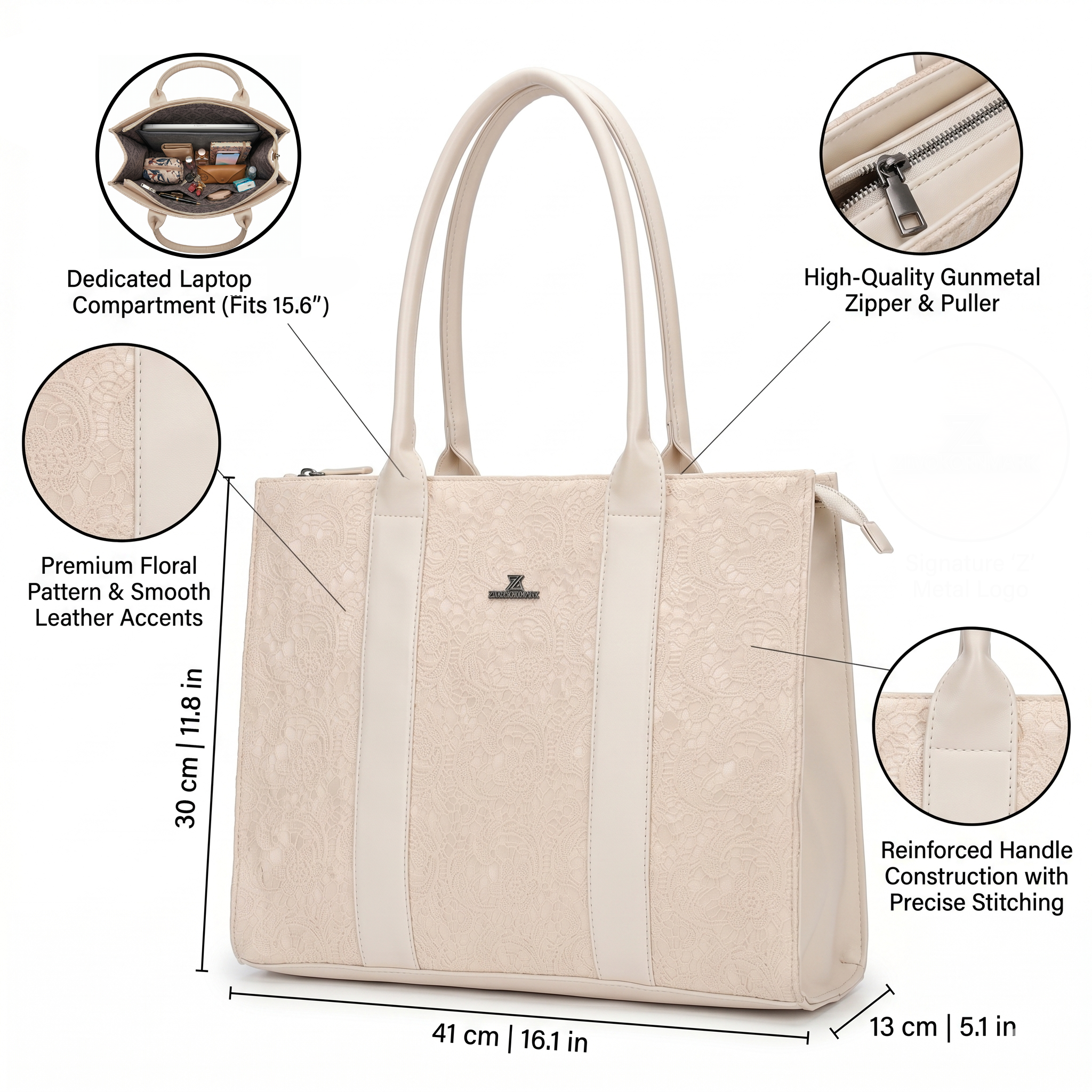 Obyesha Women's Premium Lace Tote Handbag with Detachable Sling Strap – Large Office Shoulder Bag (Cream)