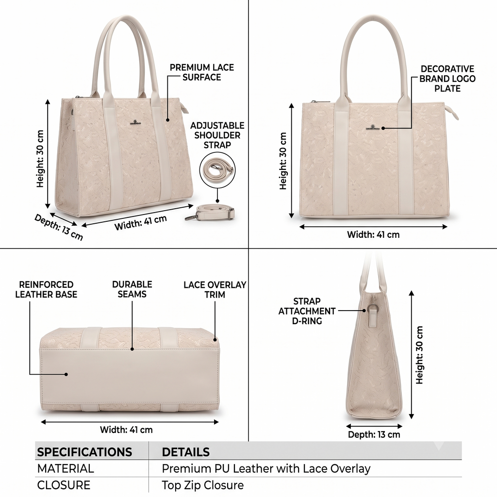 Obyesha Women's Premium Lace Tote Handbag with Detachable Sling Strap – Large Office Shoulder Bag (Cream)