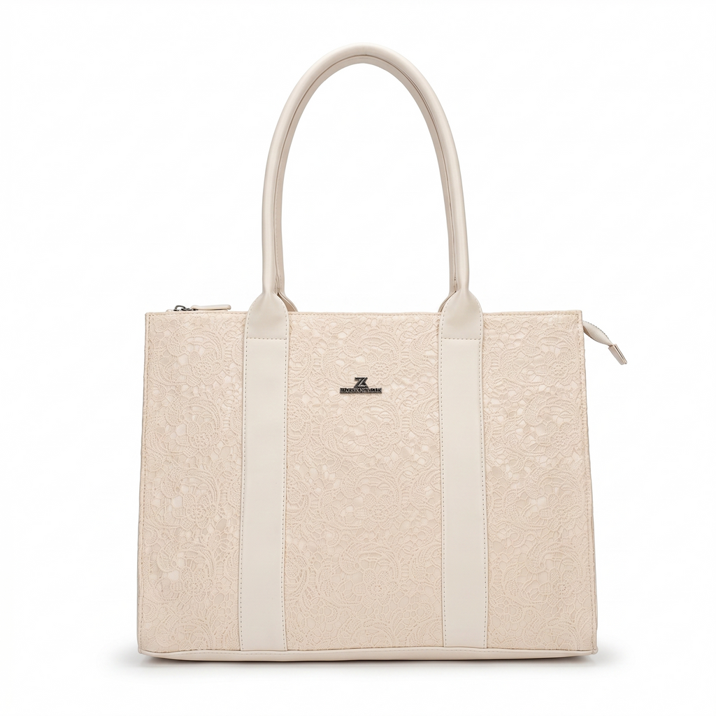 Obyesha Women's Premium Lace Tote Handbag with Detachable Sling Strap – Large Office Shoulder Bag (Cream)