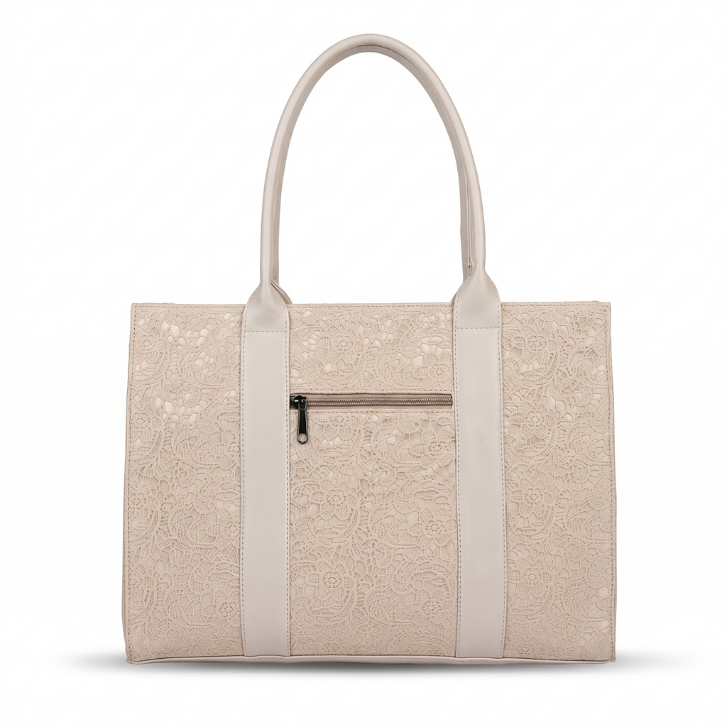 Obyesha Women's Premium Lace Tote Handbag with Detachable Sling Strap – Large Office Shoulder Bag (Cream)