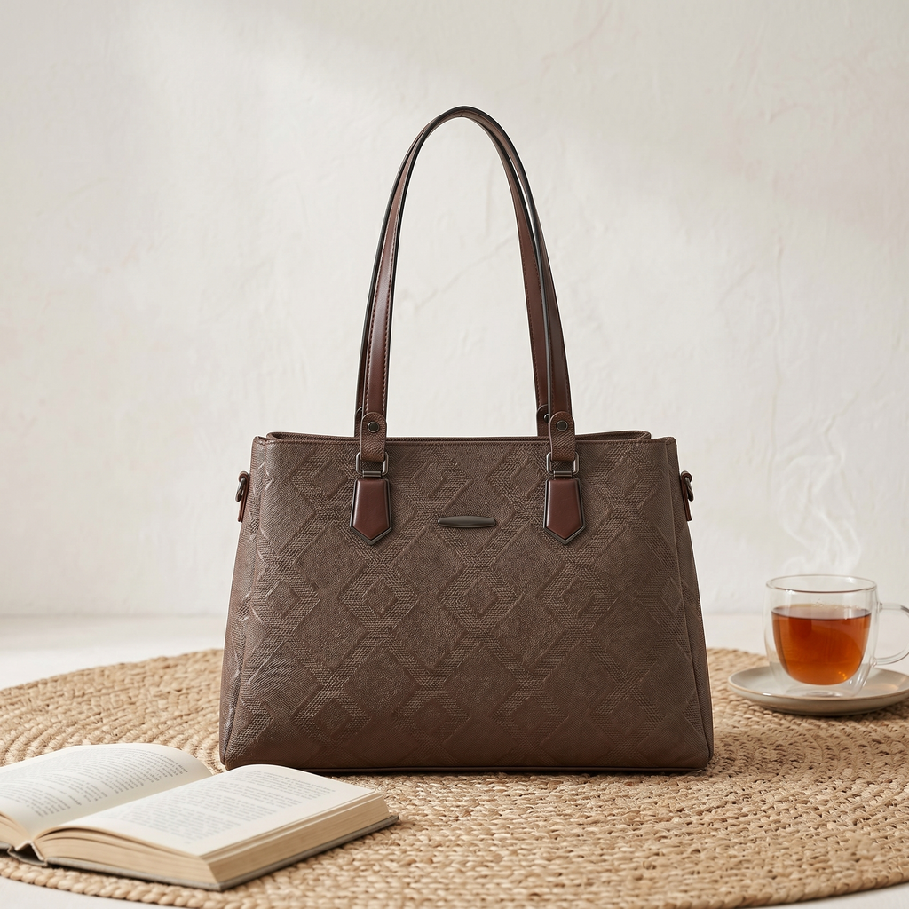 Obyesha Women's Premium Brown Textured Tote Handbag Set with Detachable Sling Pouch – Large Office Shoulder Bag