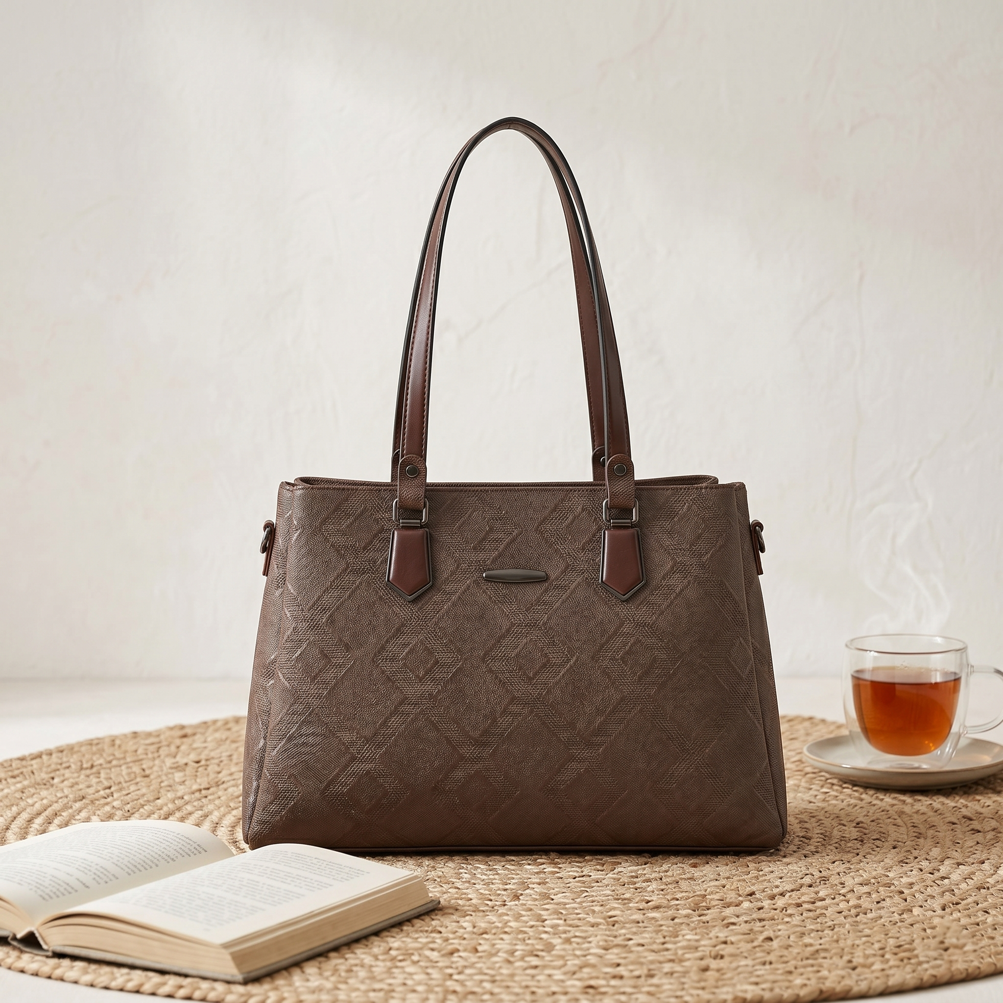 Obyesha Women's Premium Brown Textured Tote Handbag Set with Detachable Sling Pouch – Large Office Shoulder Bag