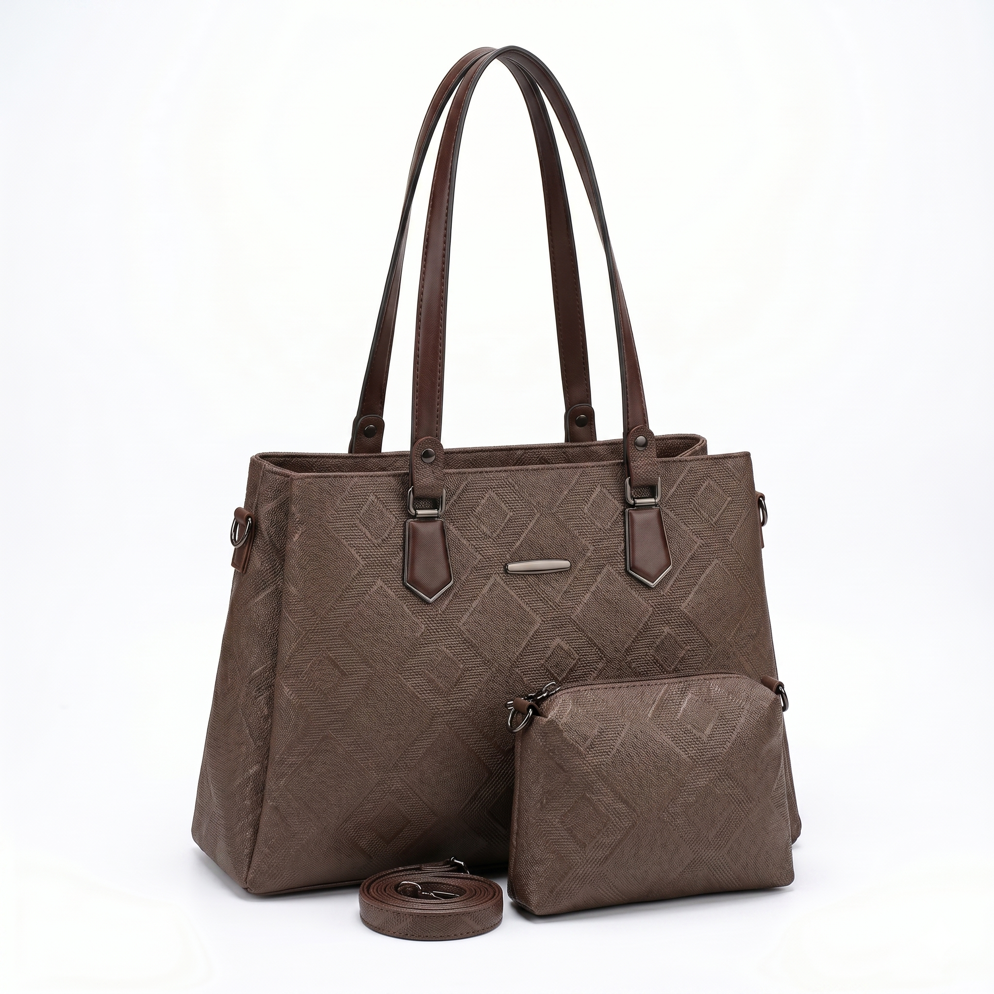 Obyesha Women's Premium Brown Textured Tote Handbag Set with Detachable Sling Pouch – Large Office Shoulder Bag