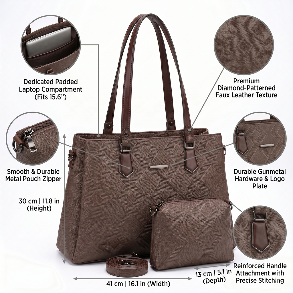 Obyesha Women's Premium Brown Textured Tote Handbag Set with Detachable Sling Pouch – Large Office Shoulder Bag