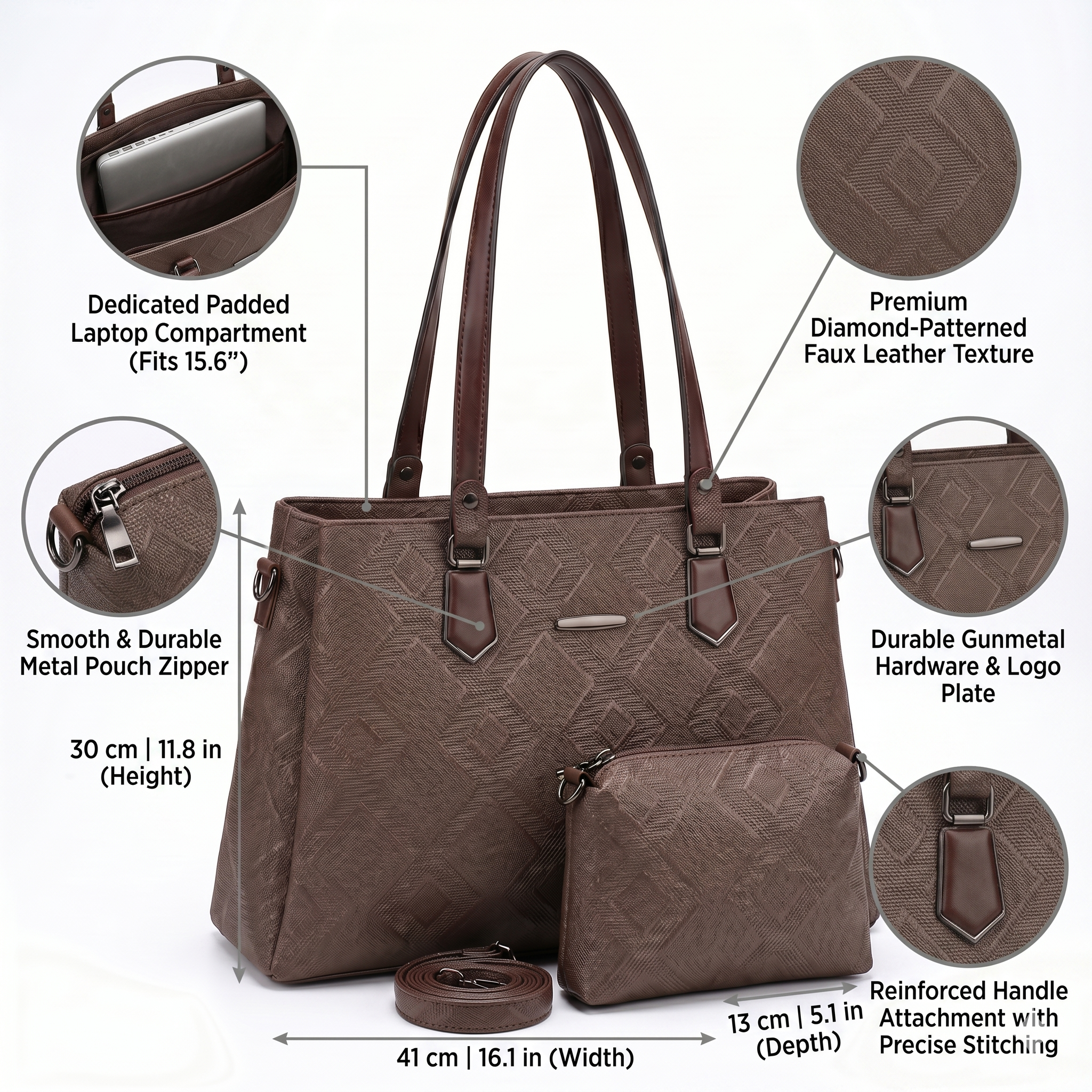 Obyesha Women's Premium Brown Textured Tote Handbag Set with Detachable Sling Pouch – Large Office Shoulder Bag